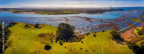 Aerial Panoramic View of Elkhorn Slough, Moss Landing, California. Elkhorn Slough is a 7-mile-long tidal slough and estuary on Monterey Bay in Monterey County, California. © LoweStock
