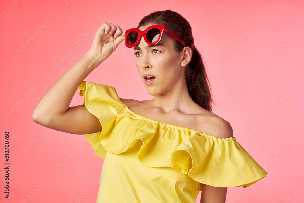 woman in summer dress with sunglasses woman in summer dress with sunglasses