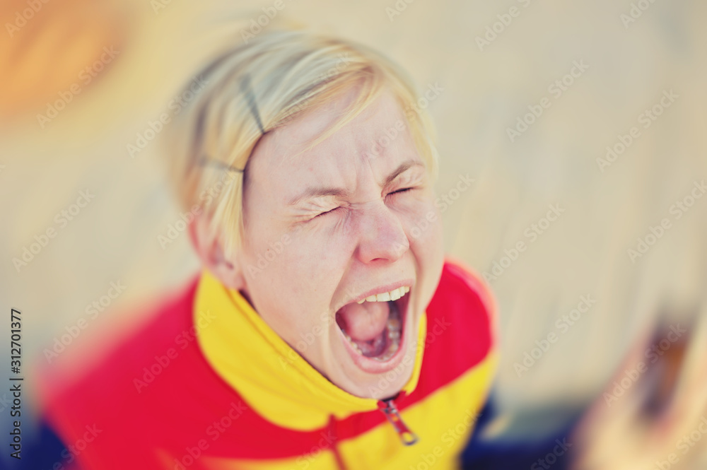 Beautiful screaming woman, sad face expression emotion. A portrait of