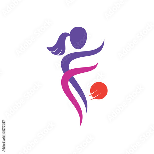 Female football logo, initial letter f logo concept with woman silhouette shape, logo vector for female/girl sport, soccer logo