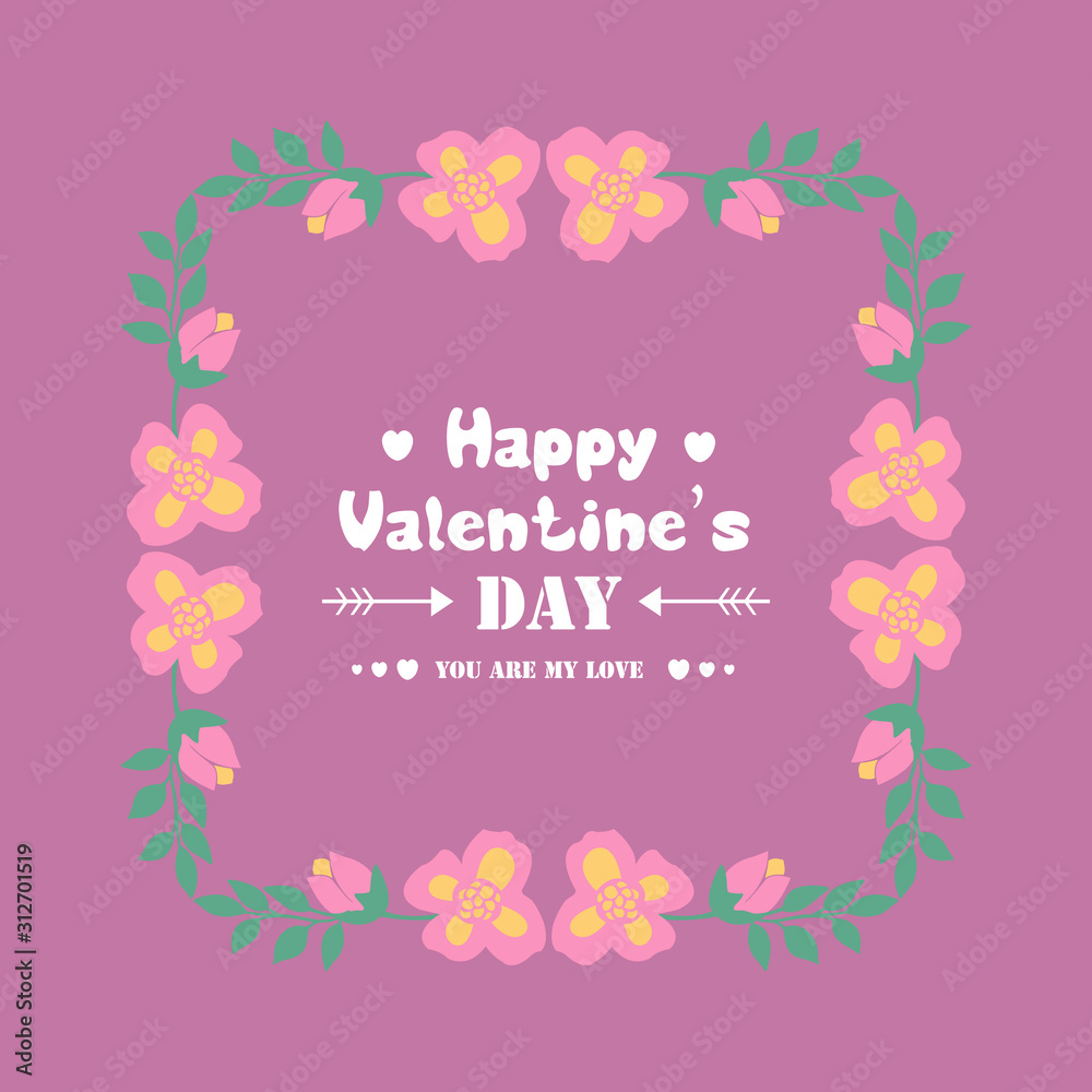 Pink and yellow wreath frame decor, with elegant magenta background, for happy valentine greeting card design. Vector