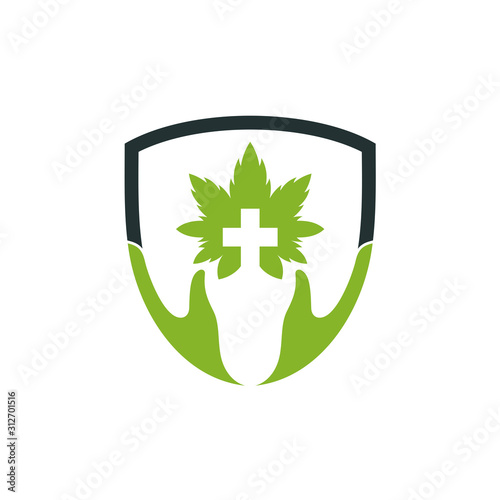 Shield cannabis medical logo, CBD cannabis marijuana leaf vector template, health consulting company logo, medical health protection logo
