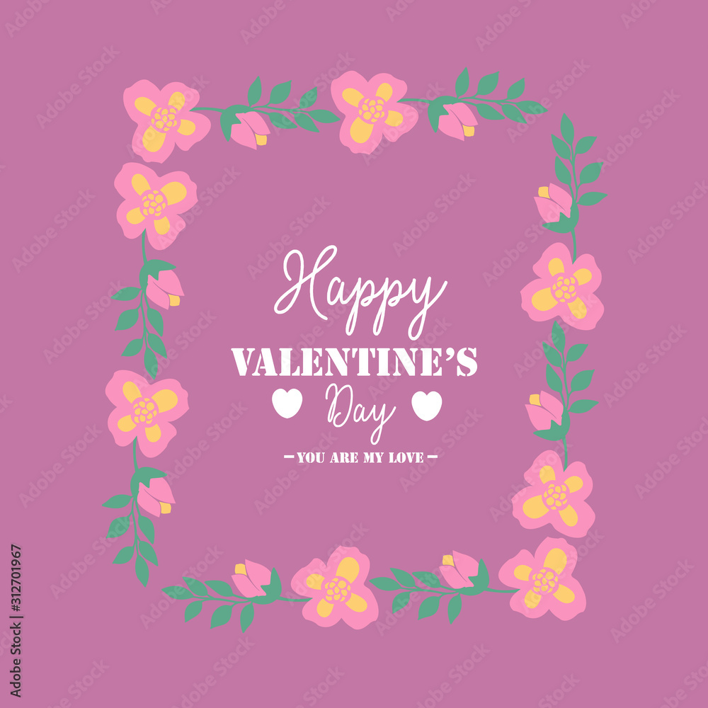 Beautiful pink and yellow floral frame, for romantic happy valentine greeting card design. Vector