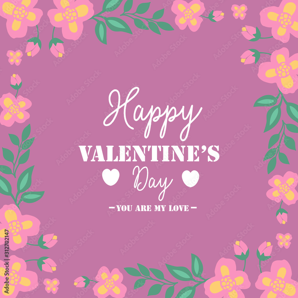 Elegant greeting card for happy valentine, with seamless ornate leaf floral frame. Vector