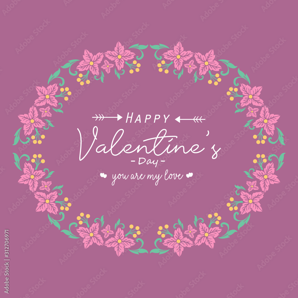 Elegant Happy valentine greeting card template design, with beautiful pink wreath frame. Vector