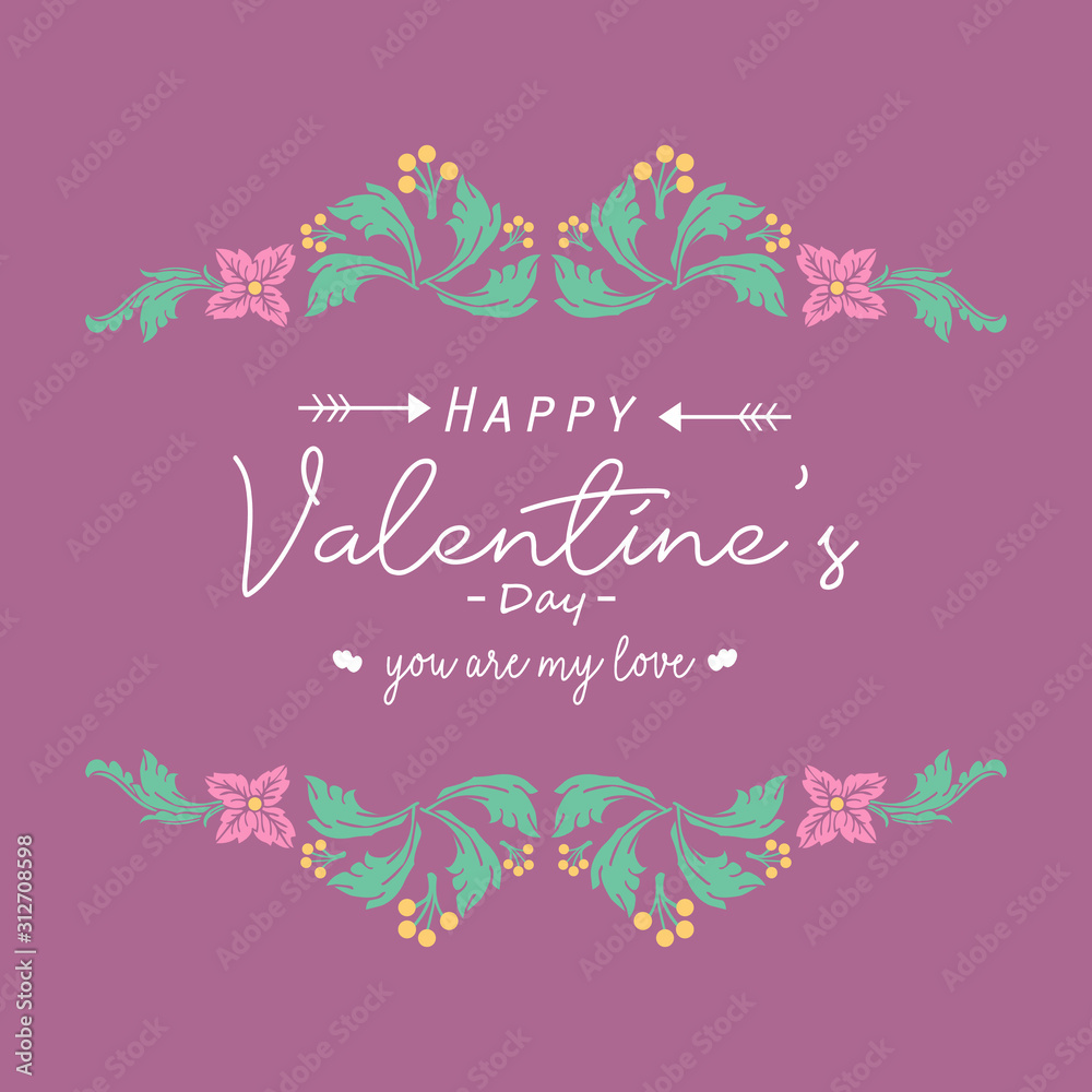 Modern happy valentine greeting card design, with elegant leaf and pink wreath frame. Vector