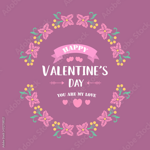 Elegant Happy valentine poster design, with leaf and unique pink wreath frame. Vector