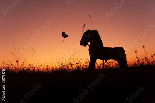 silhouette of horse and butterfly on the flower field in the sunset