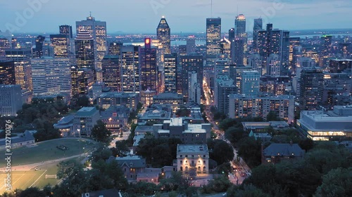 Aerial: Montreal City Skyline at night. Quebec, Canada
