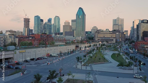 Aerial: Montreal City Skyline At sunrise. Quebec, Canada. 