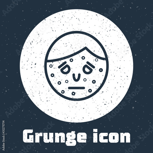 Grunge line Face with psoriasis or eczema icon isolated on grey background. Concept of human skin response to allergen or chronic body problem. Monochrome vintage drawing. Vector Illustration