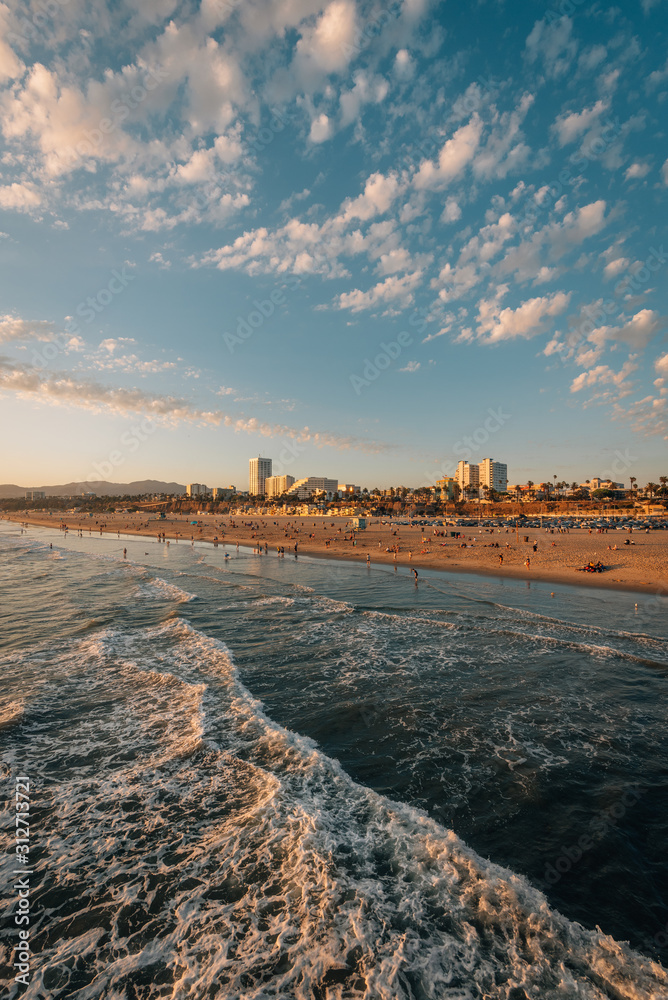 View of the beach at sunset, in Santa Monica, Los Angeles, California