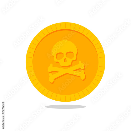 Pirate gold coin icon with a skull. Pirate doubloon.