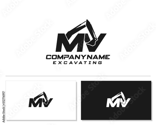 Initial M V excavator logo concept vector with arm excavator template vector.