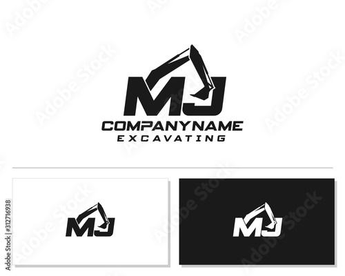 Initial M J excavator logo concept vector with arm excavator template vector.