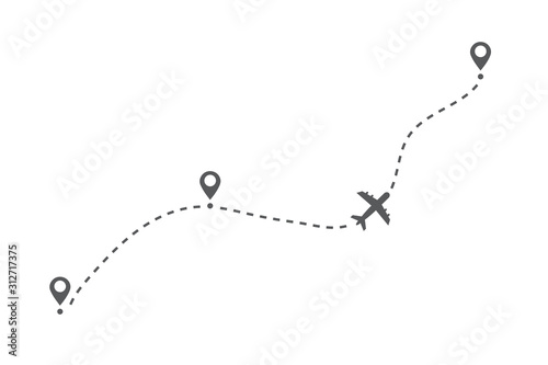 Airplane flight route. Flight tourism route path. Starting pin to destination point. Travel symbol. Vector illustration