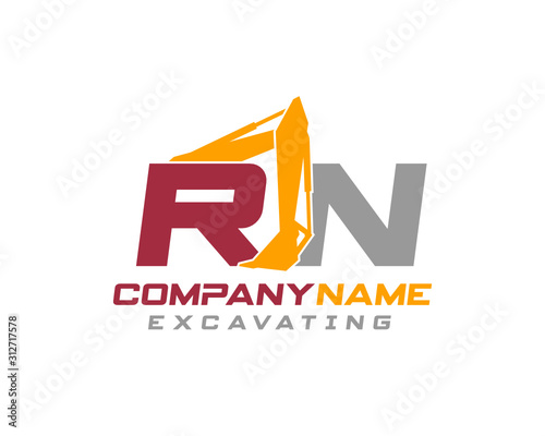 Initial RN excavator logo concept vector with arm excavator template vector.