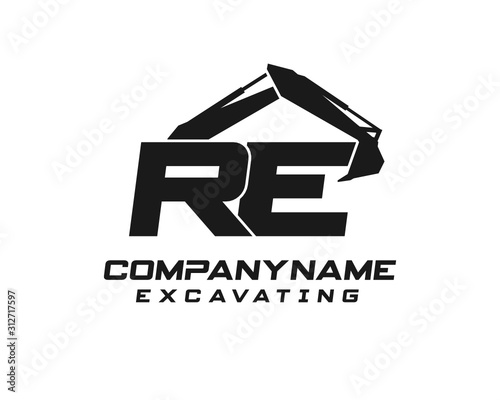 Initial RE excavator logo concept vector with arm excavator template vector.