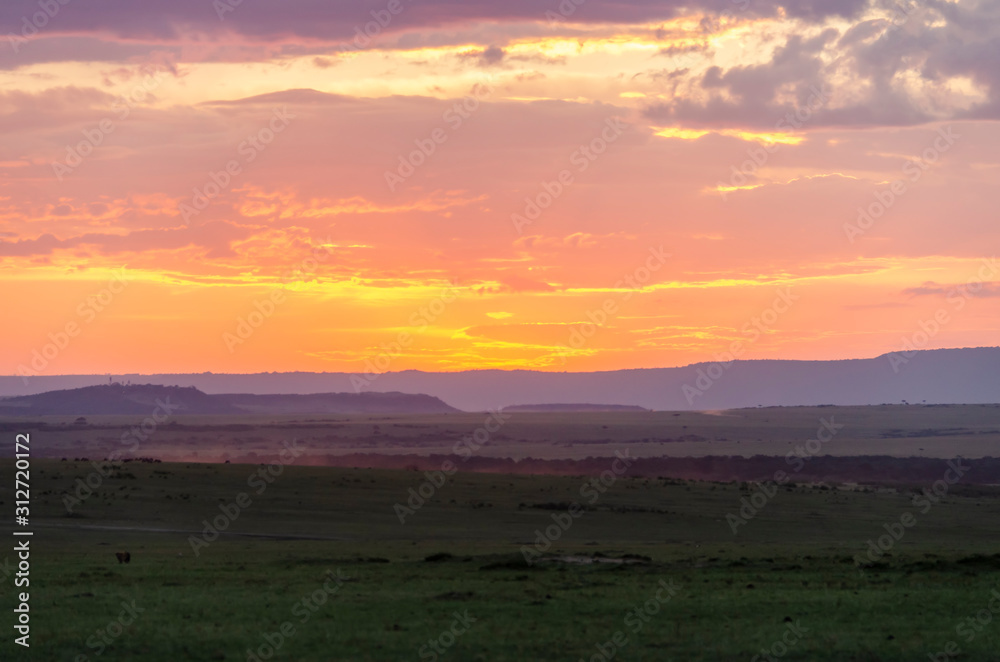 A gorgeous sunset in the plains of Africa inside Masai Mara National Reserve during a wildlife safari