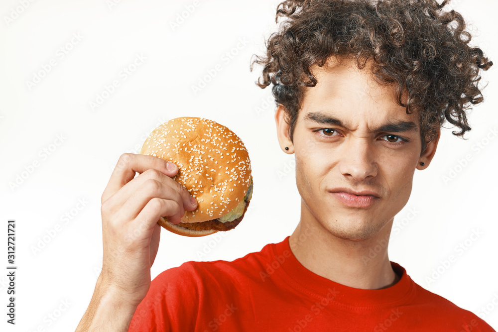 man with hamburger isolated on white man with hamburger isolated on white