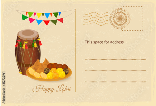 Happy Lohri India festival greeting postcard witn indian sweet and decorated drum. Vector illustration.