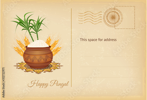 Ondian Pongal festival greeting postcard with pongal rice in a traditional mud pot, wheat grain and bamboo. Vector illustration.