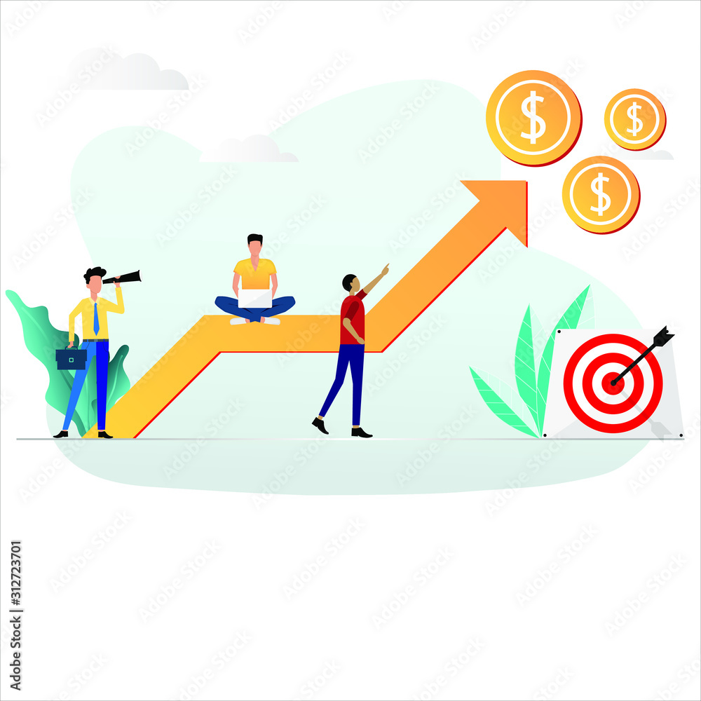 Business concept of sales growth and profit increasing. Sales manager and accounting are focus and looking to a group of yellow coin and officer guy is working on sales promotion on his laptop. Business concept of sales growth and profit increasing. Sales manager and accounting are focus and looking to a group of yellow coin and officer guy is working on sales promotion on his laptop.