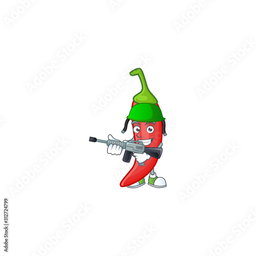 A mascot of red chili as an Army with machine gun photo