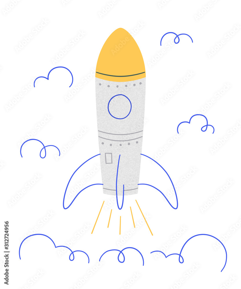 Rocket launch. Symbol of successful start. Vector illustration in doodle style with texture