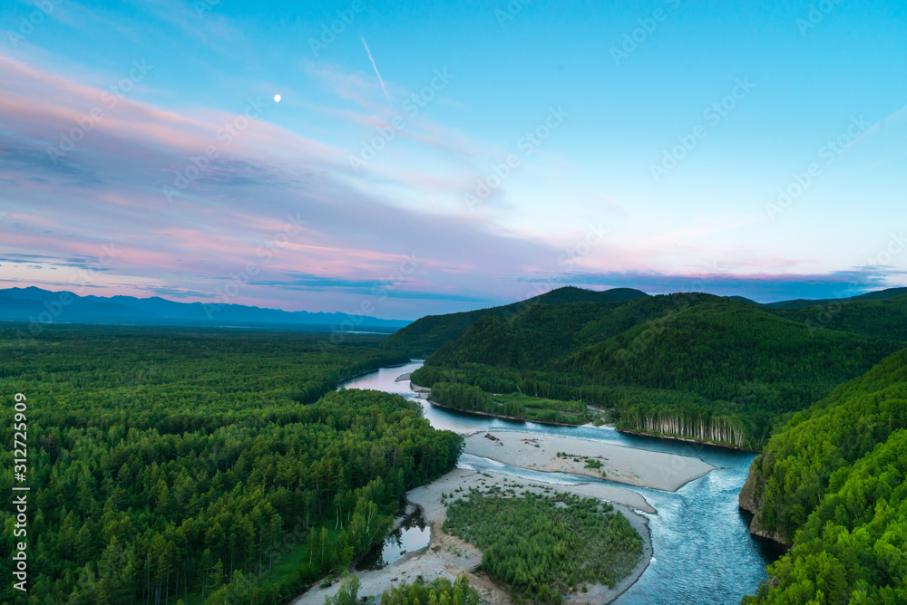 Fototapeta premium Mountain River Valley Amgun. Khabarovsk Krai in the Russian Far East. Amgun river views of the beautiful.