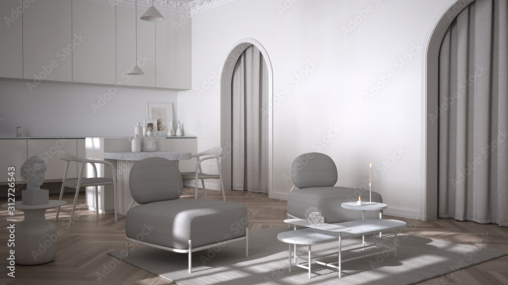 Fototapeta premium Luxury lounge, living room and kitchen in classic room with stucco molded walls and parquet floor. Island with chairs, armchairs with table and carpet. White interior design