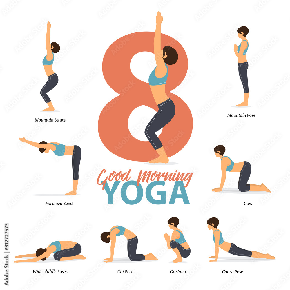 Infographic of 8 Yoga poses for after wake up in flat design. Beauty woman  is doing exercise for body stretching in morning. Set of yoga sequence  Infographic. Vector Illustration. Stock Vector |