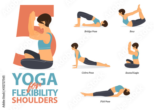 Infographic of 5 Yoga poses for shoulders flexibility in flat design. Beauty woman is doing exercise for body stretching. Set of yoga sequence Infographic.  Vector Illustration.