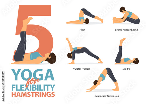 Infographic of 5 Yoga poses for hamstrings flexibility in flat design. Beauty woman is doing exercise for body stretching. Set of yoga sequence Infographic.  Vector Illustration.