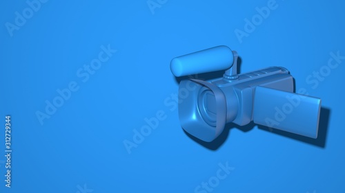 Professional cartoon video camera, toy style. Stylish minimal abstract horizontal scene, place for text. Trendy classic blue color. 3D rendering