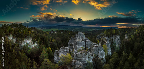 Sunset sunrise at Viewpoint Lvice on Hruba Skala in Bohmisches Paradies, Cesky raj, Czech Republic