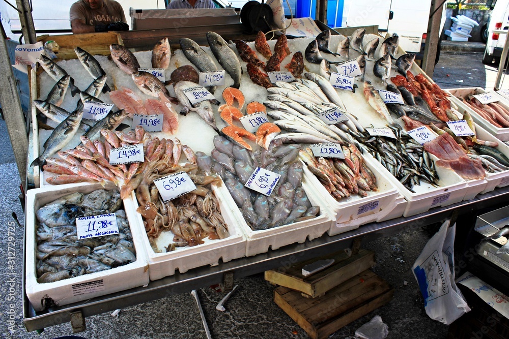 Stall with seafood at street market