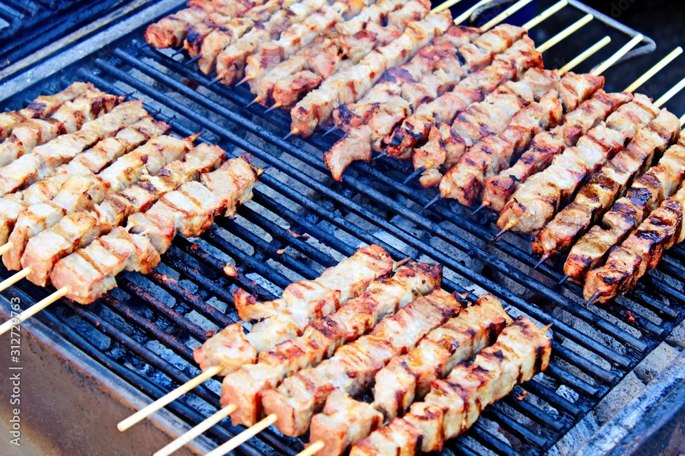 Outdoor barbecue, pork meat grilled