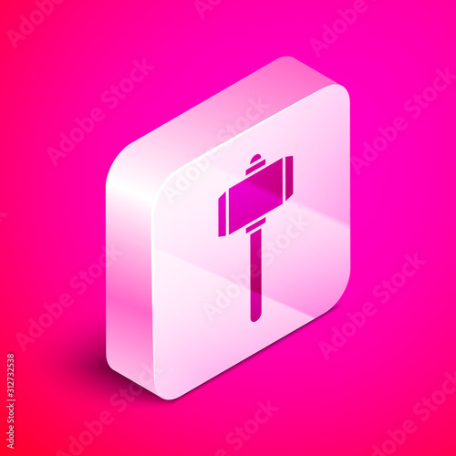 Isometric Battle hammer icon isolated on pink background. Silver square button. Vector Illustration
