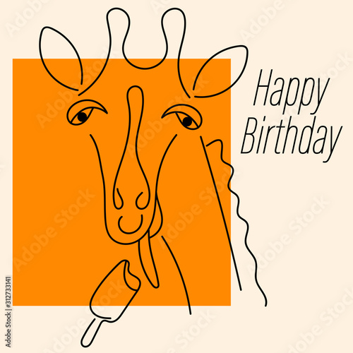 Greeting card with a giraffe licking Popsicle. Happy Birthday text. Line style, Funny giraffe isolated on white background.