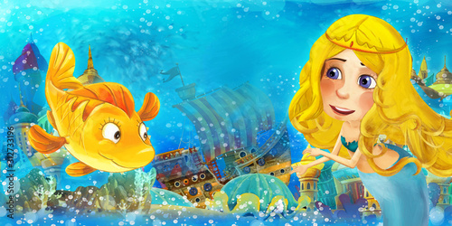 Cartoon ocean and the mermaid in underwater kingdom swimming and having fun - illustration for children