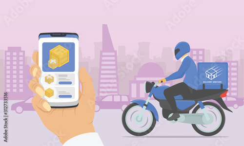 goods box delivery with motorcycle with and smartphone apps city background sillhouette - vector
