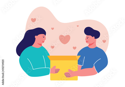couple falling in love give something in box with modern flat style