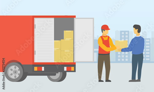 courier deliver goods to people using truck with city as background