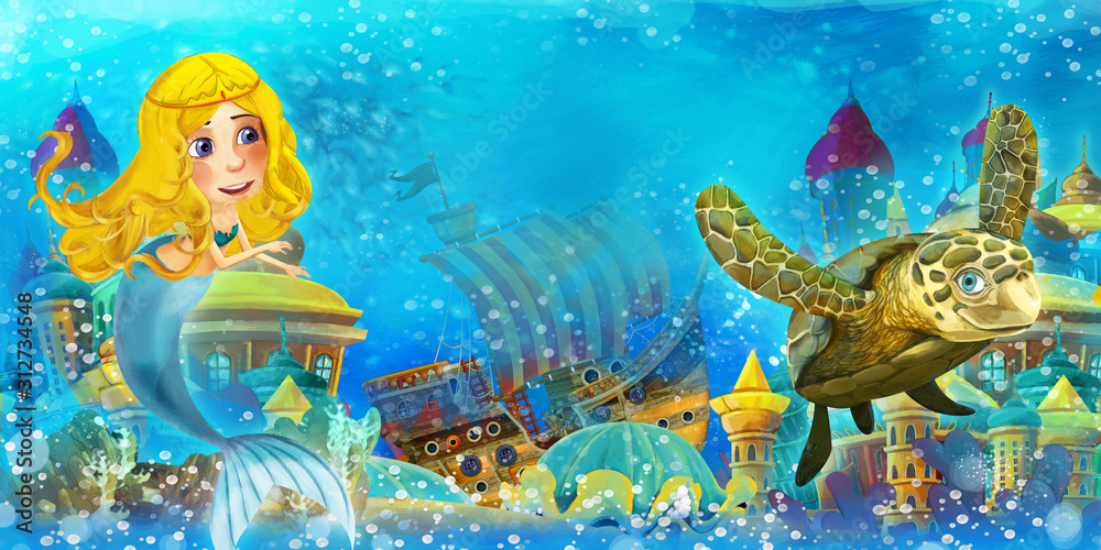Cartoon ocean and the mermaid in underwater kingdom swimming and having fun - illustration for children Cartoon ocean and the mermaid in underwater kingdom swimming and having fun - illustration for children