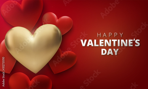 Happy Valentines Day greeting card. Realistic 3d hearts on red background. Love and wedding. Vector illustration