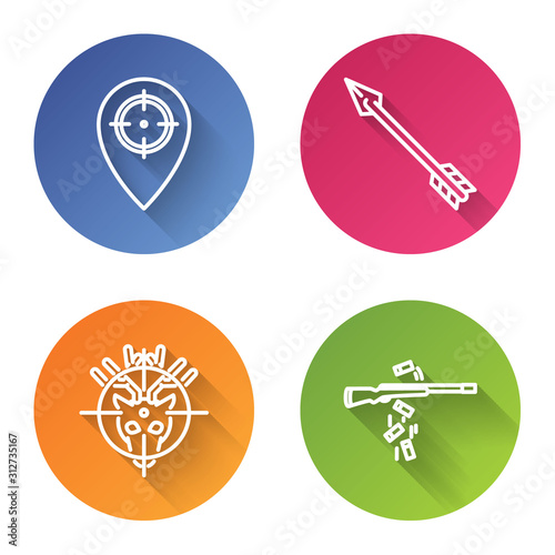 Set line Hunt place, Hipster arrow, Hunt on deer with crosshairs and Gun shooting. Color circle button. Vector