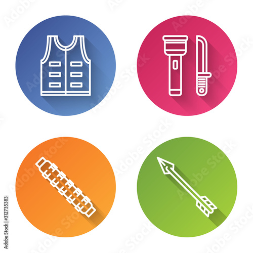Set line Hunting jacket, Flashlight and knife, Hunting cartridge belt with cartridges and Hipster arrow. Color circle button. Vector