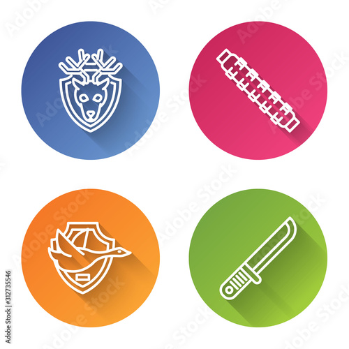 Set line Deer head with antlers on shield, Hunting cartridge belt with cartridges, Flying duck on shield and Hunter knife. Color circle button. Vector