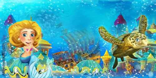 Cartoon ocean and the mermaid in underwater kingdom swimming and having fun - illustration for children